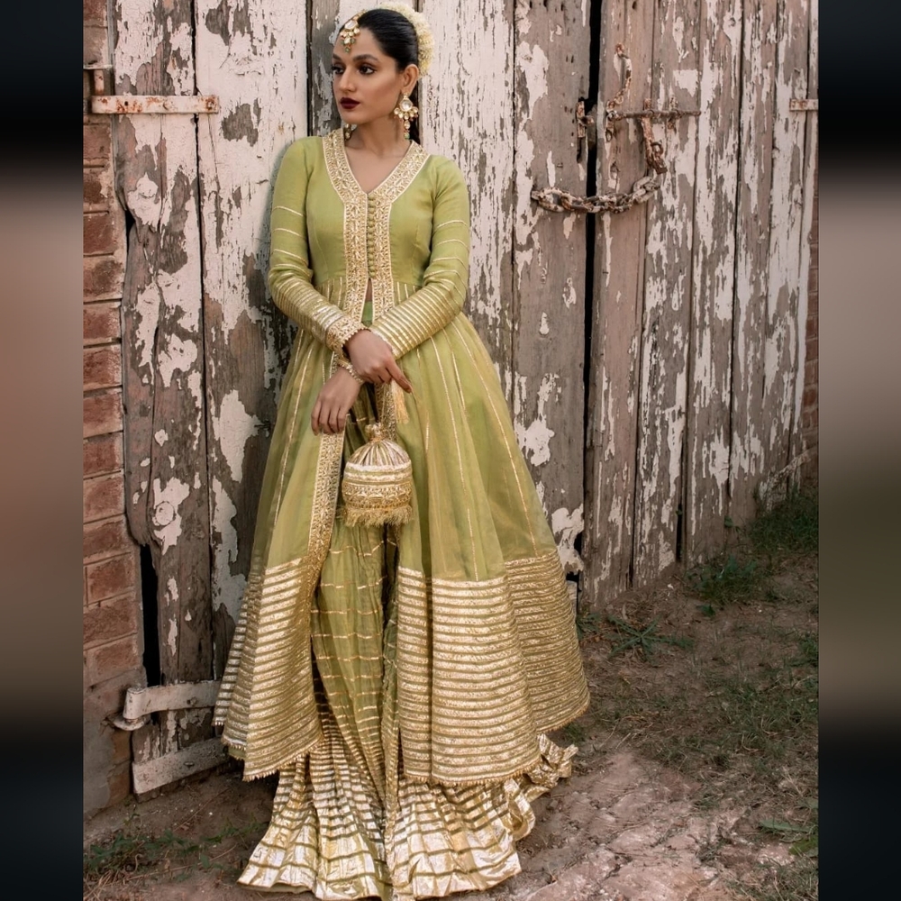 Nemi Nemi Chandramukhi Green Zari Organza Pishwas with Sharara & Dupatta - L/XL
